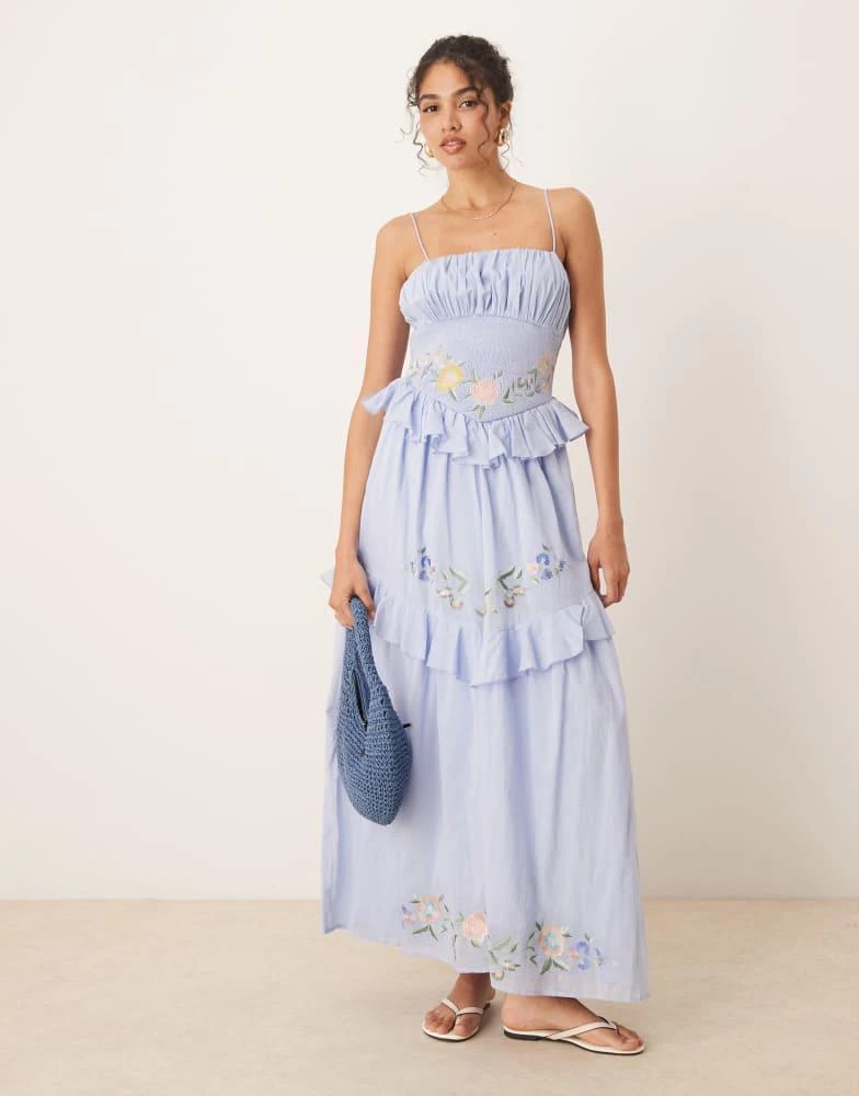 Shop ASOS DESIGN cami maxi dress with shirred waist embroidery in blue on  Sale at BeyondStyle  Get 26% Off ASOS DESIGN cami maxi dress with shirred  waist embroidery in blue with