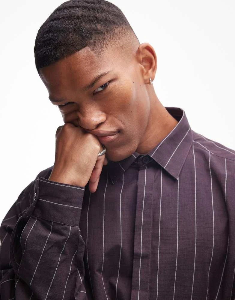 Topman Topman long sleeve oversized stripe shirt in burgundy 2