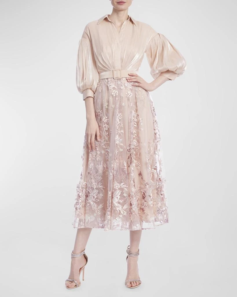 Badgley Mischka Shimmer Floral-Embroidered Midi Shirtdress 1
