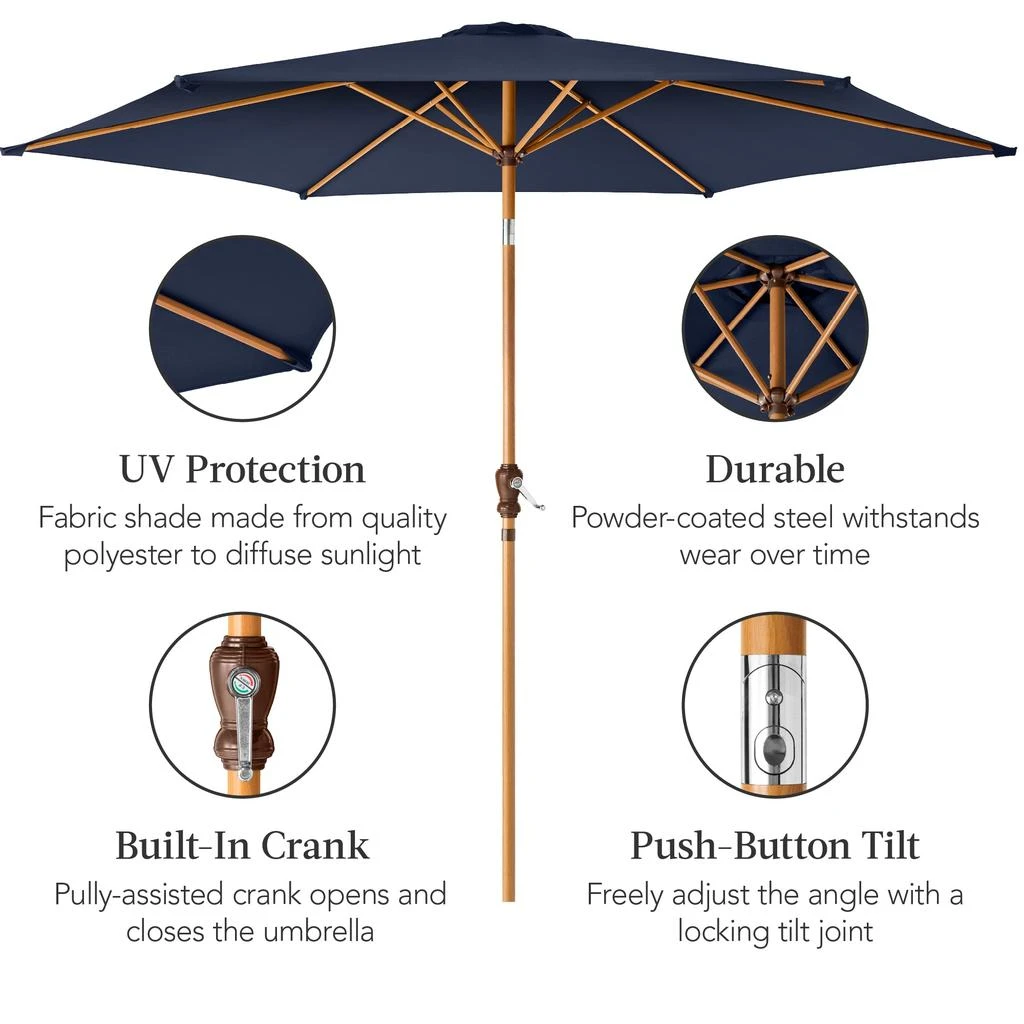 Best Choice Products 10ft Outdoor Woodgrain Pattern Steel Market Patio Umbrella w/ Crank, Tilt - Navy Blue 6