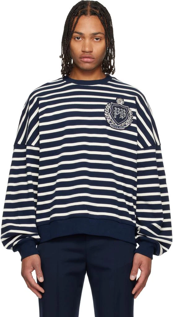 Balmain Navy 
White Cotton College Emblem Breton Stripes Sweatshirt 1