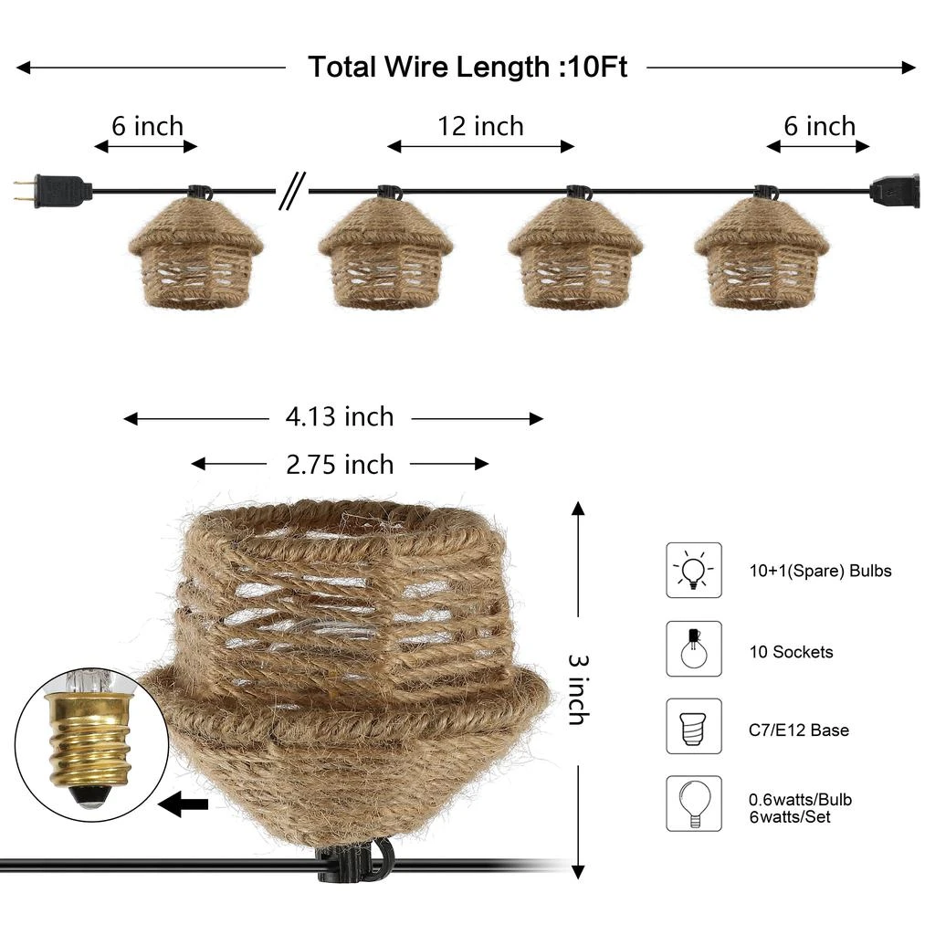 JONATHAN Y Maui 10-Light Indoor/Outdoor 10 ft. Mid-Century Vintage Incandescent G40 Tiki Hut Hemp Rope Shaded String Lights, Brown 5