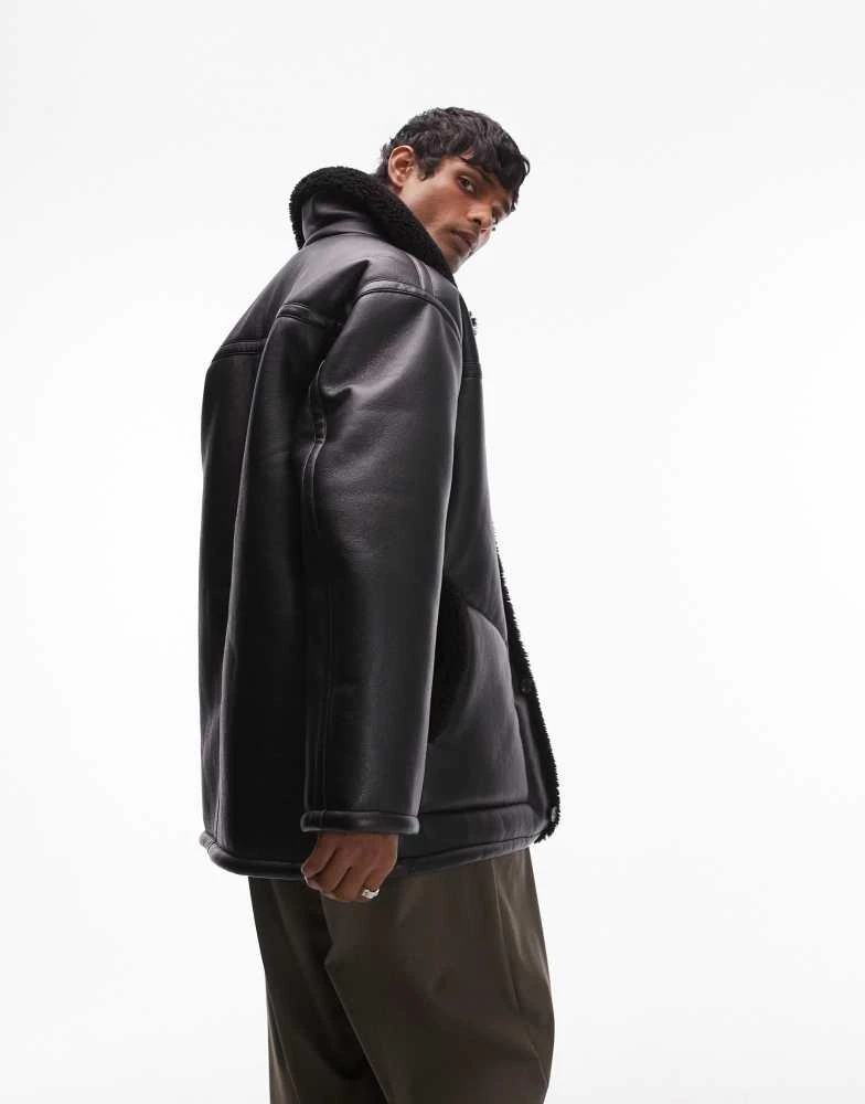 Topman Topman faux shearling jacket with shearling collar in black 4