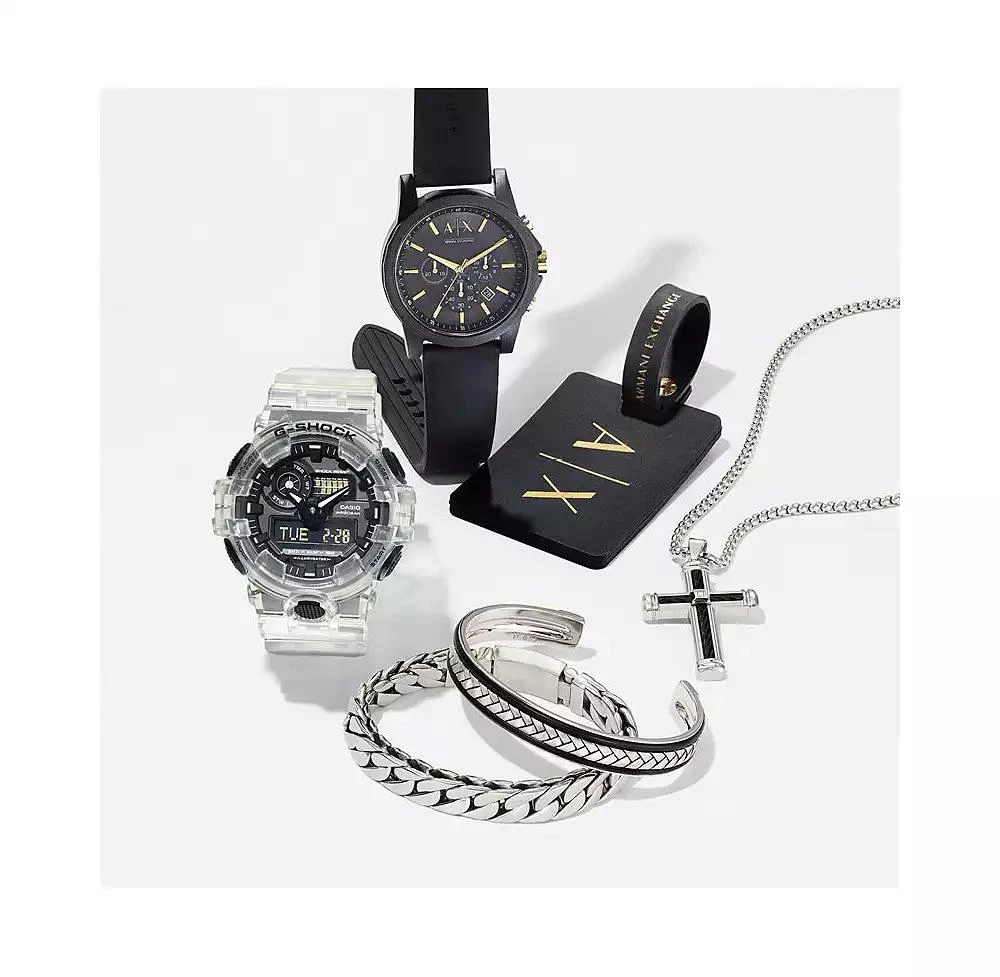 Armani Exchange Men's Chronograph  Black Silicone Strap Watch 45mm Gift Set 7