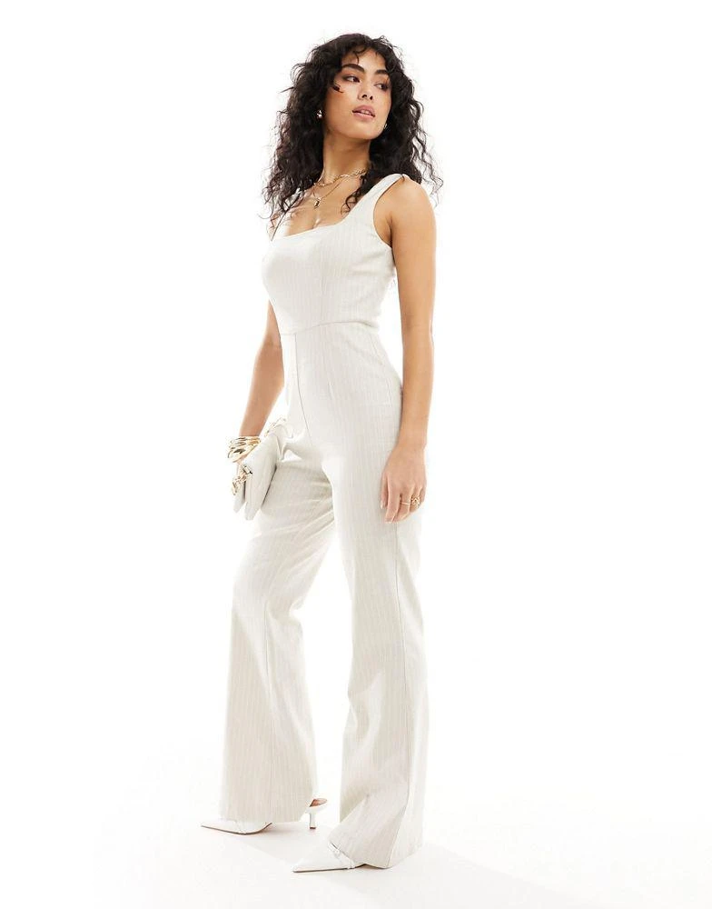 ASOS ASOS DESIGN square neck flare leg tailored jumpsuit in stone stripe 1
