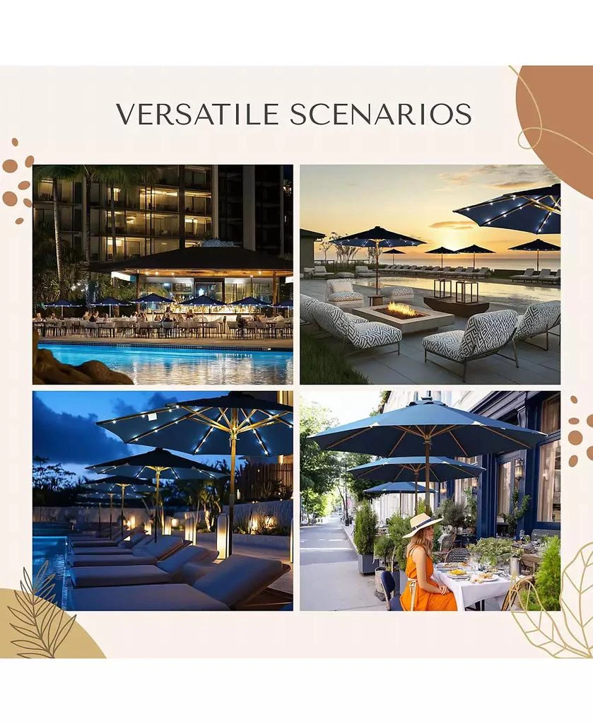 LAGarden Boho 32 LED 9Ft Wood Market Patio Umbrella with Solar Lights for Bar Hotel Resort Alfresco Dining Rooftop Restauran Navy Blue 3