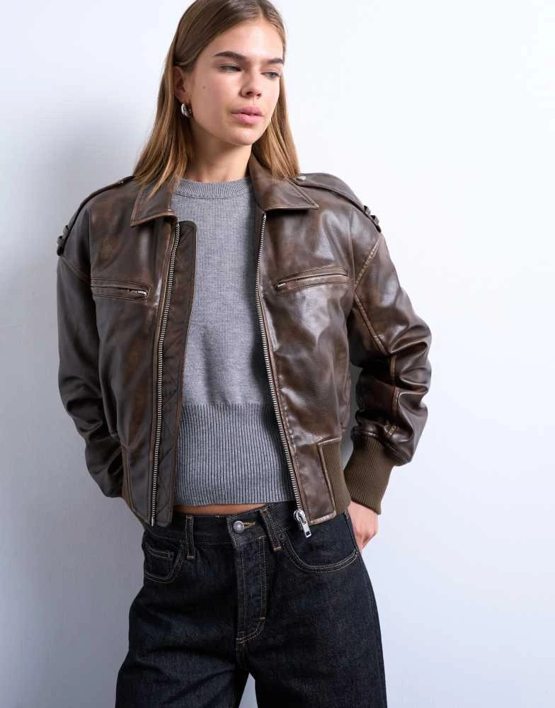 Topshop Topshop faux leather ovoid sleeve  bomber jacket in washed brown