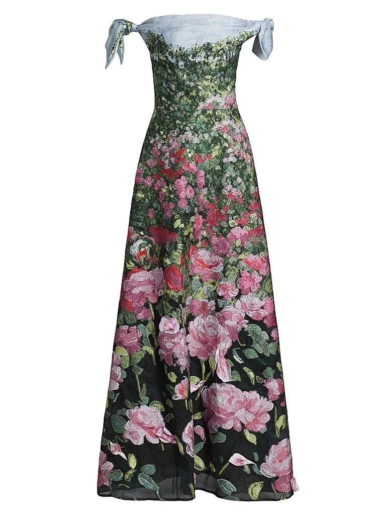 Oscar de la Renta English Rose Field Draped Off-The-Shoulder Fil Coupe Gown 1