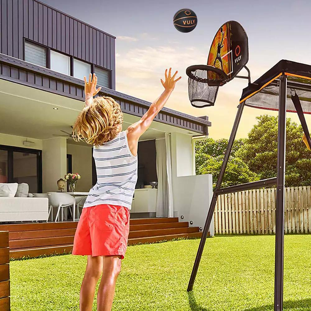 Vuly Trampolines Basketball Set Attachment with Backboard, Netted Hoop, Mini Basketball, and Hand Air Pump Compatible with Trampolines and Swing Sets