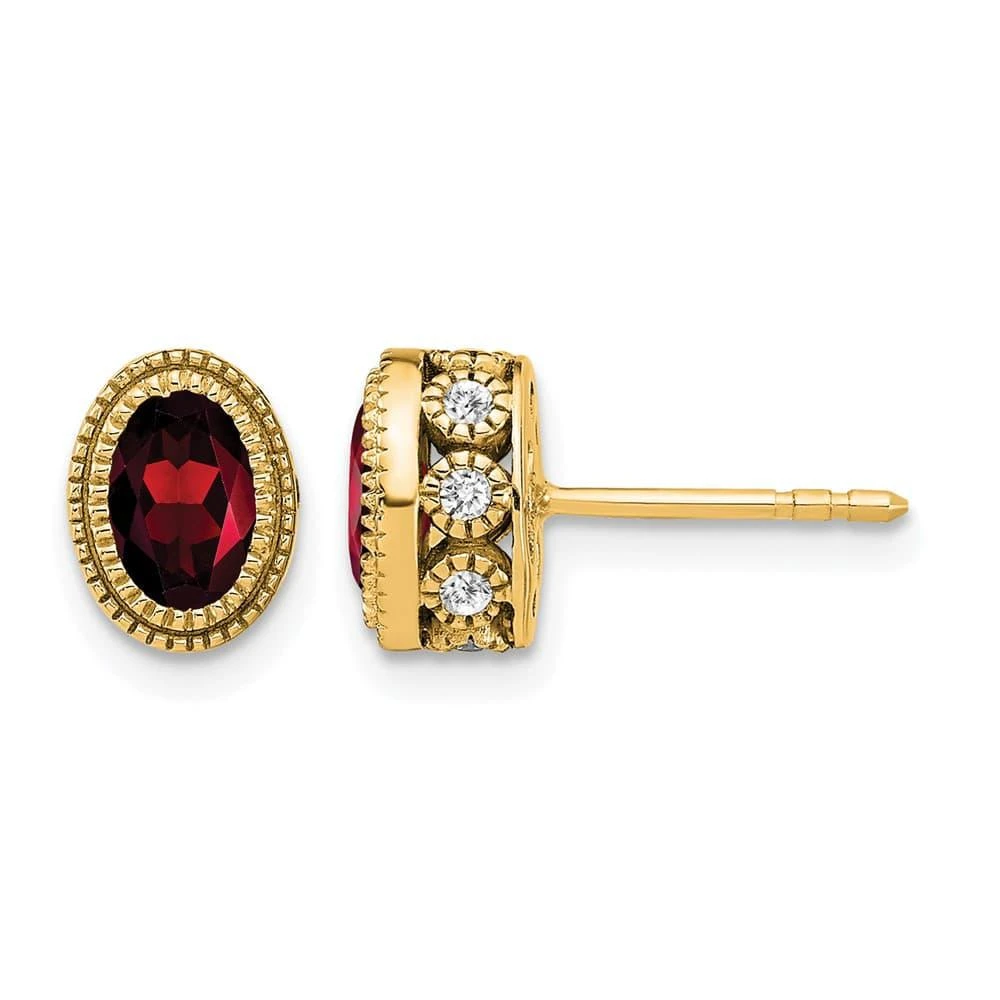 Diamond2Deal 14k Yellow Gold Oval Garnet and Diamond Stud Earrings