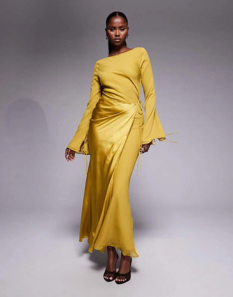 ASOS DESIGN chiffon long sleeved slash neck maxi dress with satin wrap  skirt in ochre