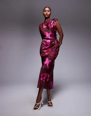 Shop ASOS DESIGN satin high neck pleated bodice midi dress in dark