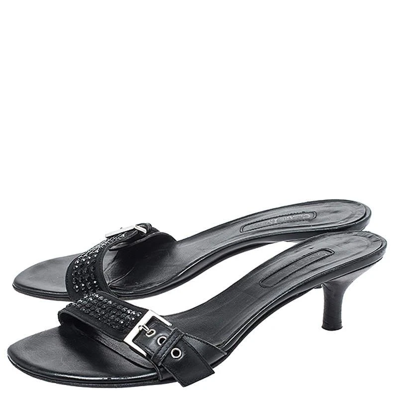CESARE PACIOTTI Cesare Paciotti Black Leather Crystal Embellished Buckle Detail Kitten Heel Mules Size 37 4