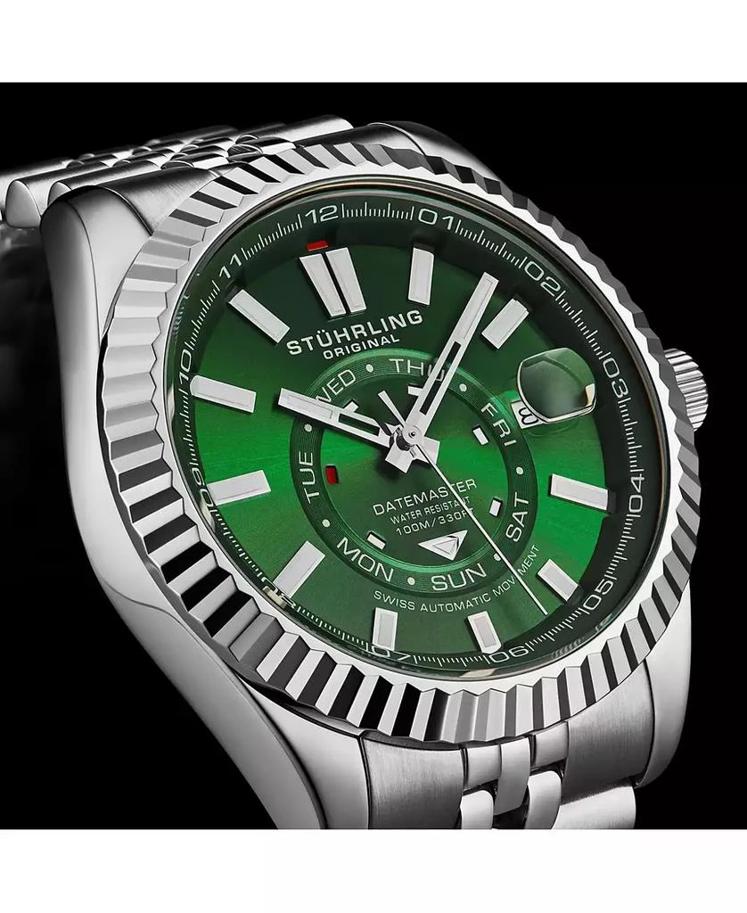 Stuhrling Datemaster II Men’s Swiss Automatic 42mm Stainless Steel Watch, Green Dial, Fluted Bezel, Day & Date, 100M Water Resistant 3