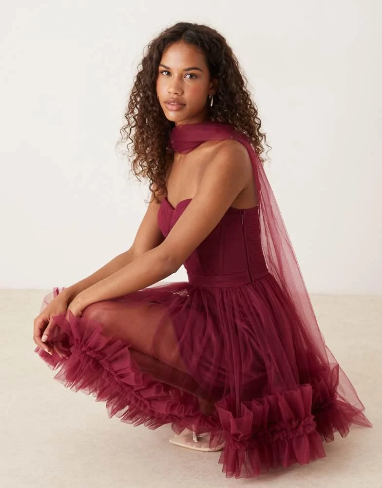 Lace & Beads scarf neck corset tulle mini dress in fig-Purple Lace & Beads scarf neck corset tulle mini dress in fig-Purple