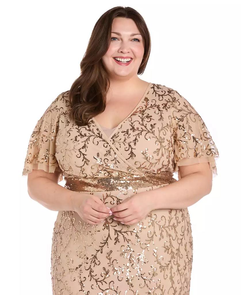 R & M Richards Plus Size Sequin Embellished Flutter-Sleeve Gown