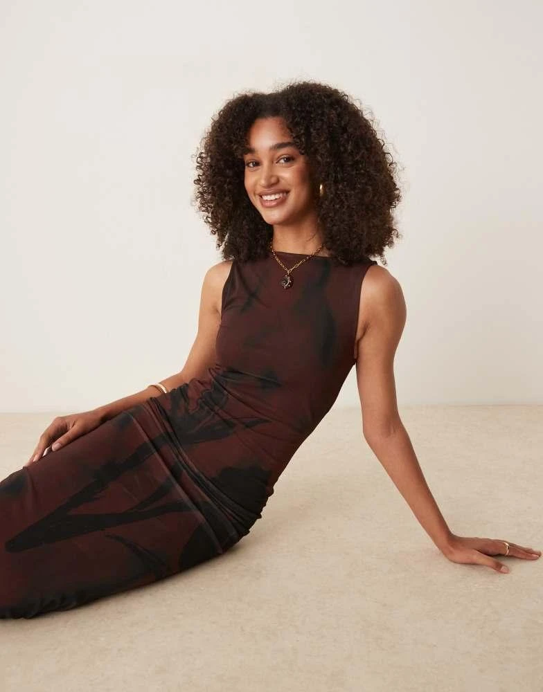 ASOS ASOS DESIGN sleeveless mesh midi dress in chocolate print - BROWN 1
