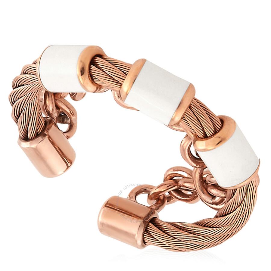 Charriol St. Tropez Stainless Steel and Pink PVD White Enamel Cable and Chain Band Ring