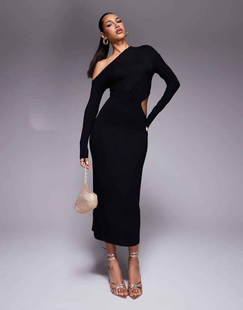 ASOS ASOS DESIGN fallen shoulder long sleeve ruched cut out midi dress in black 1