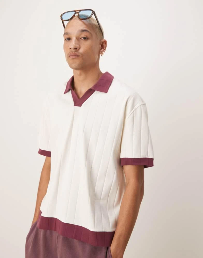 ASOS ASOS DESIGN relaxed boxy rib polo t-shirt with contrast collar in cream 1