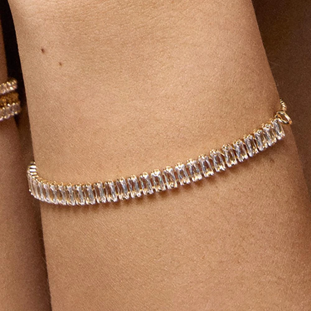 FASHNZFAB 18K Gold Filled CZ Baguette Stone Cluster Link Adjustable Cinch Pull Tie Bracelet