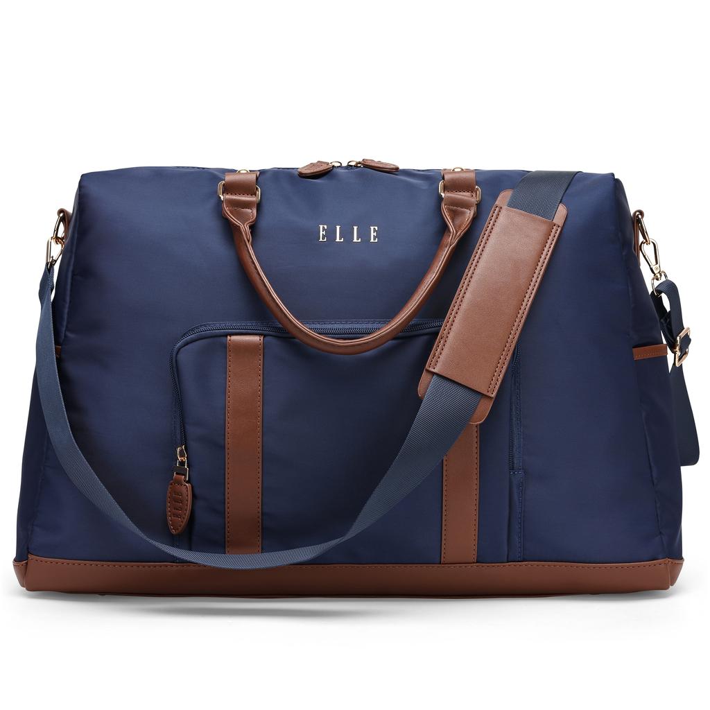 ELLE Luxe Journey 30L Twill and Vegan Leather Weekender Duffel Bag | Navy