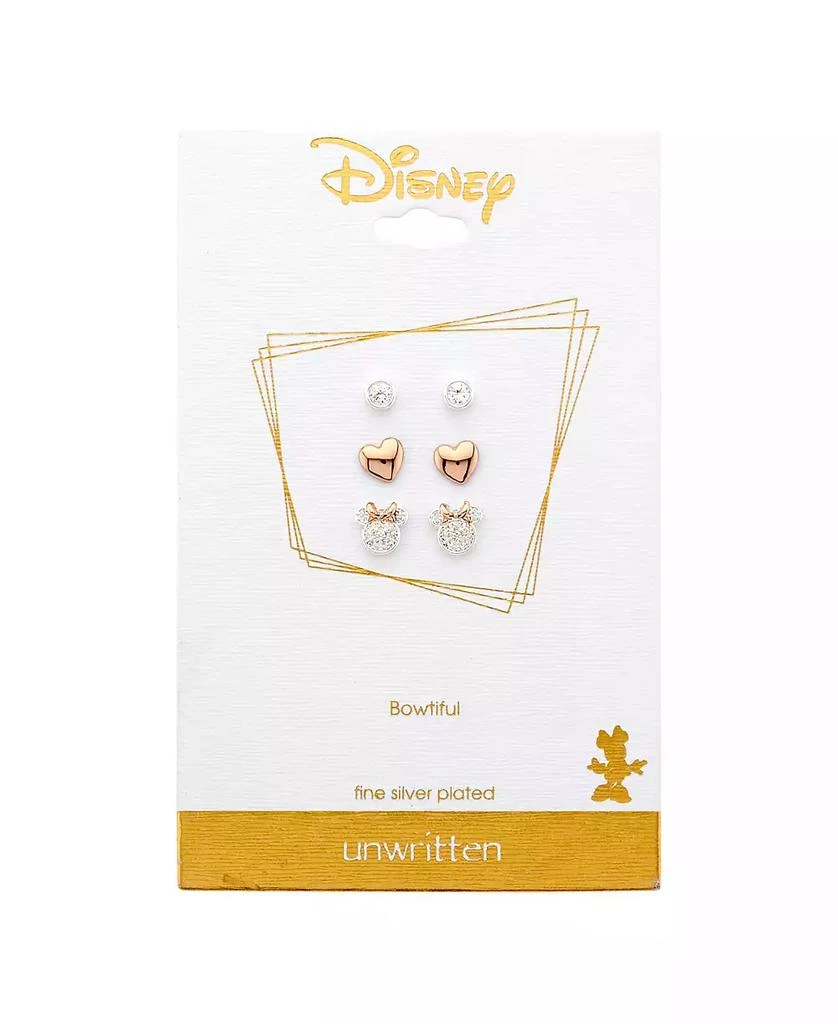 Disney Three Pair Silver Plated Two Tone Rose Gold Minnie Mouse Earring Set with Rose Gold Heart and Bezel Cubic Zirconia Stud 2