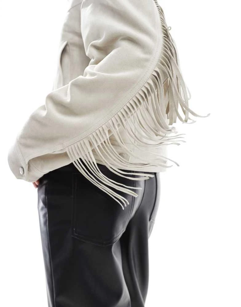 Bershka Bershka faux suede fringe detail jacket in ecru 2