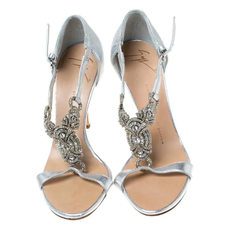 Giuseppe Zanotti Giuseppe Zanotti Metallic Silver Leather Crystal Embellished Open Toe Sandals Size 37.5 3