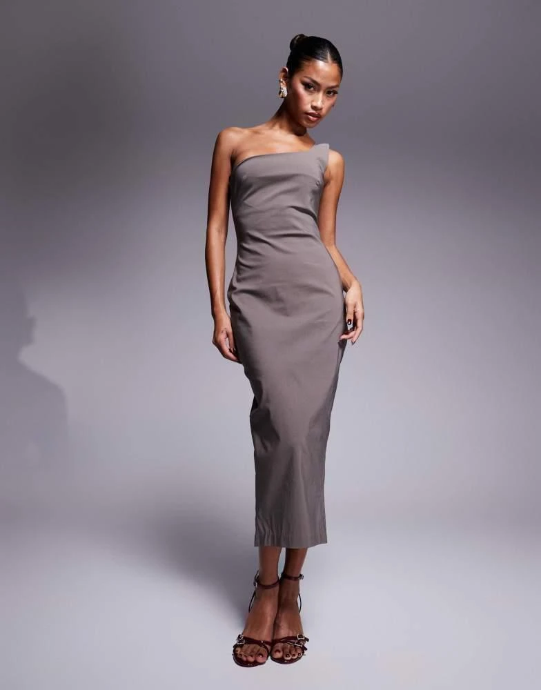 Vesper Vesper bengaline one shoulder midaxi dress in taupe 4