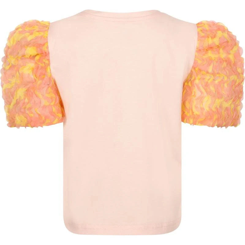 Charabia Ruffled mesh sleeves top in pink and yellow 2