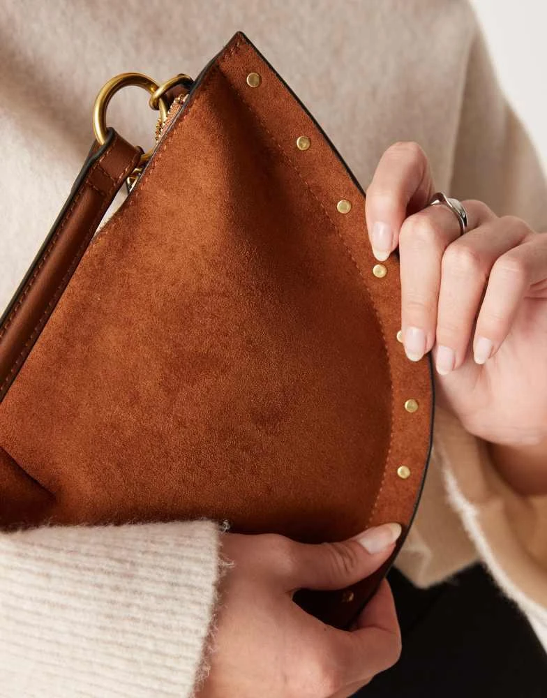 ASOS ASOS DESIGN faux suede scoop studded shoulder bag in tan 3