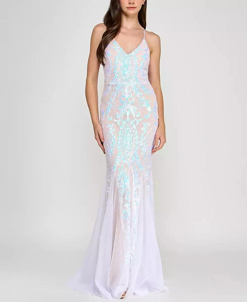 Crystal Doll Juniors' Lace-Up-Back Sequin Mesh Gown 1