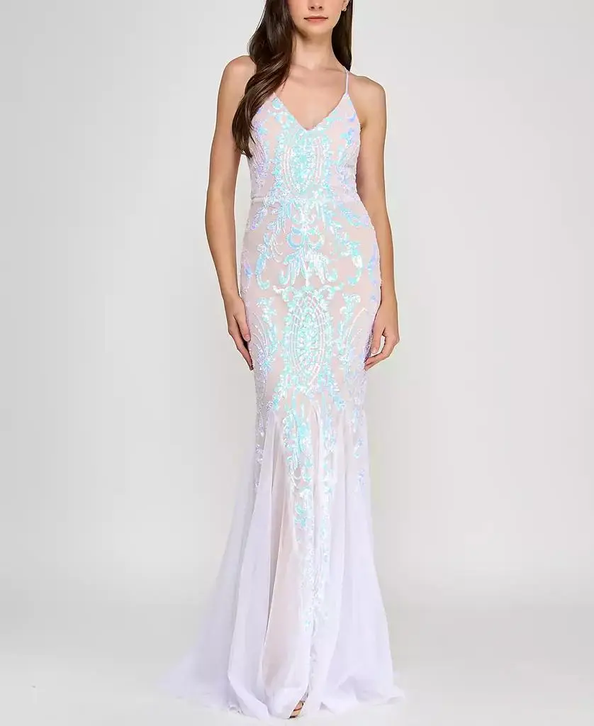 Juniors' Lace-Up-Back Sequin Mesh Gown