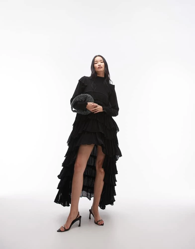 ALL SAINTS AllSaints Cavarly long sleeve tiered ruffle maxi dress in black 1