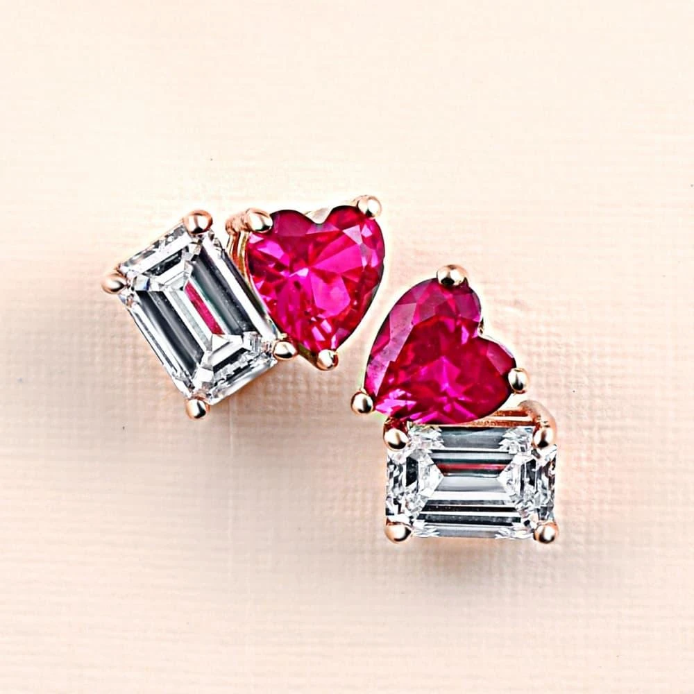 Pompeii3 4Ct Toi Et Moi Emerald Diamond 
Ruby Heart Studs 14k Gold Lab Grown 3