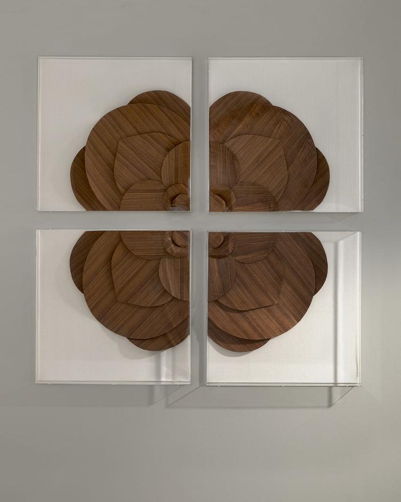 Tommy Mitchell Walnut Veneer Medallion Wall Decor on Snow Linen