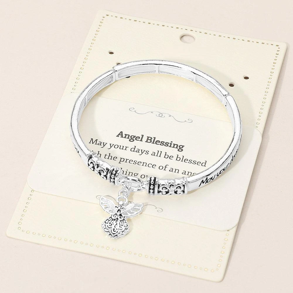 FASHNZFAB Angel Blessing Inspirational Religious Message Angel Charm Stretch Bangle Bracelet 2