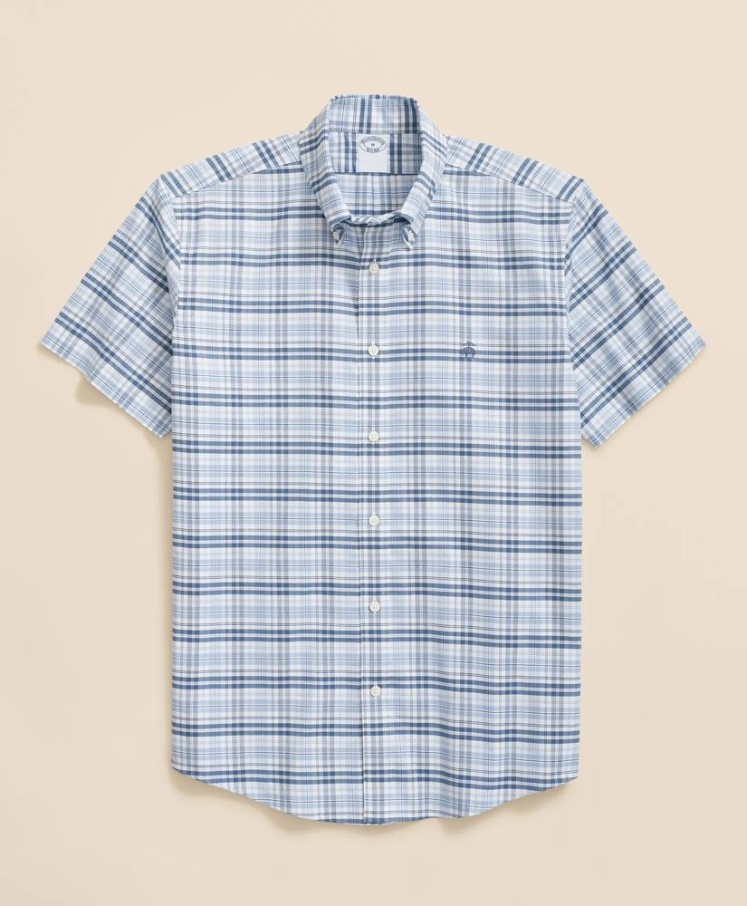 Brooks Brothers Stretch Cotton Non-Iron Oxford Button-Down Collar, Checked Short-Sleeve Shirt