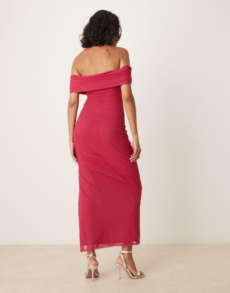 Abercrombie & Fitch Abercrombie & Fitch draped off the shoulder mesh maxi dress in fuchsia pink