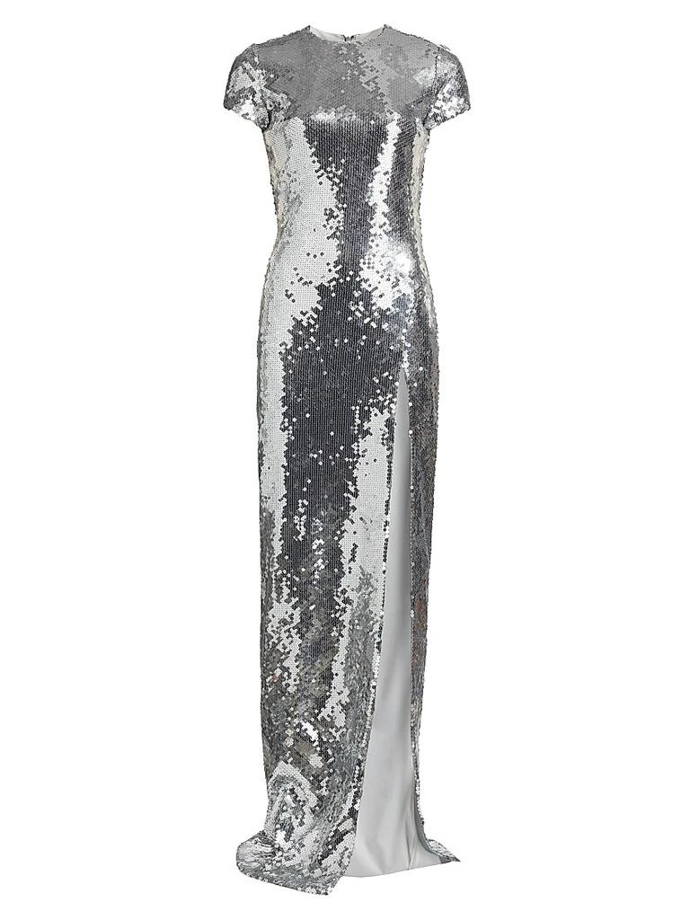 Sergio Hudson Metallic Sequin Short-Sleeve Slit Gown 1