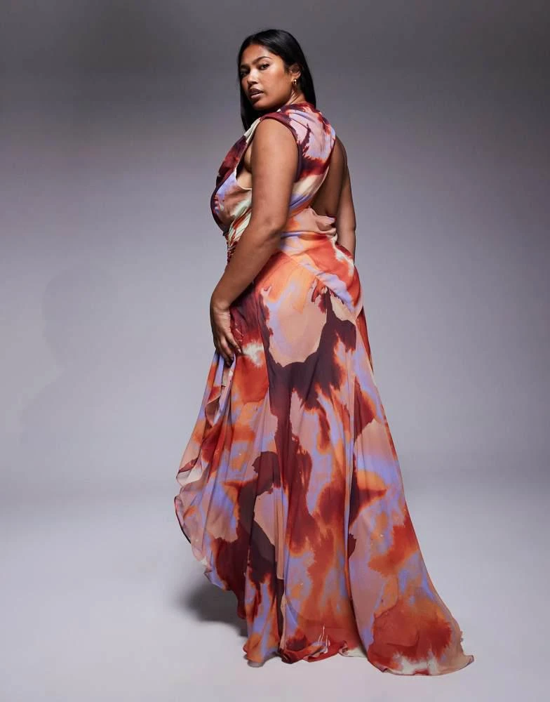 ASOS ASOS DESIGN Curve gathered waist ruffle maxi dress with open back in abstract print 2