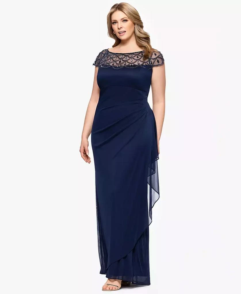 XSCAPE Plus Size Sheer Boat-Neckline Long Sheath Dress 2