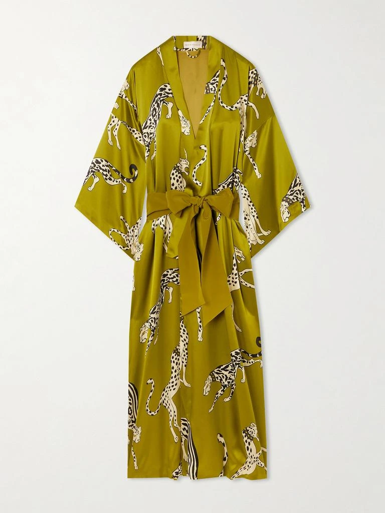 OLIVIA VON HALLE Queenie Belted Printed Silk-satin Robe - Chartreuse