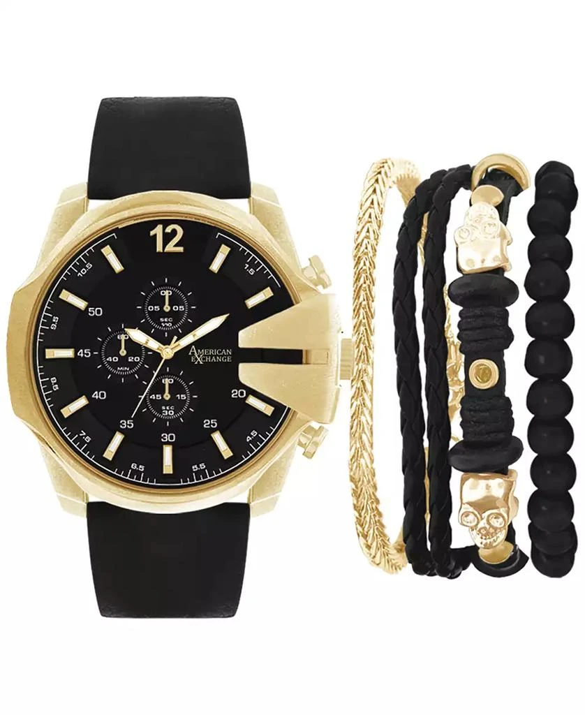 American Exchange Men's Black Leather Strap Watch 52mm Gift Set 6