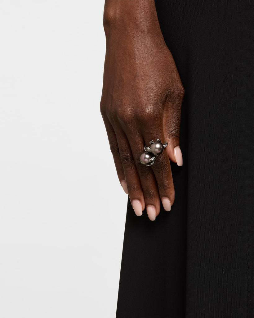 BELPEARL 18K White Gold and Black Rhodium Tahitian Pearl Ring with Diamonds, Size 7