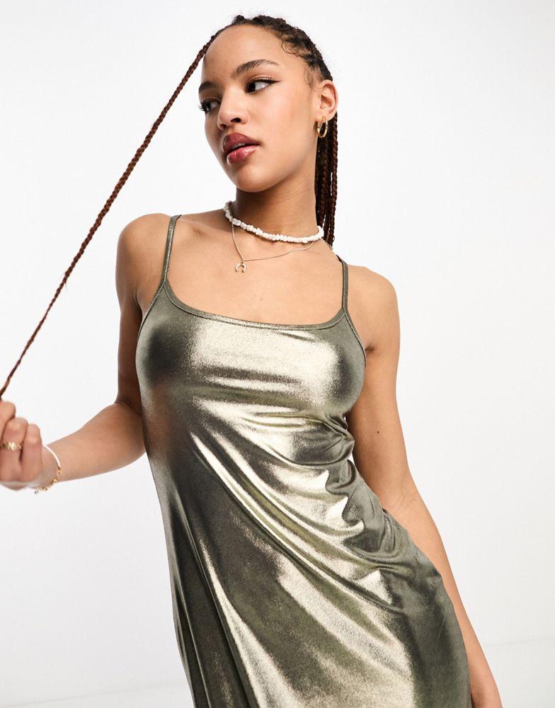 Miss Selfridge Miss Selfridge metallic festival maxi slip dress in gold