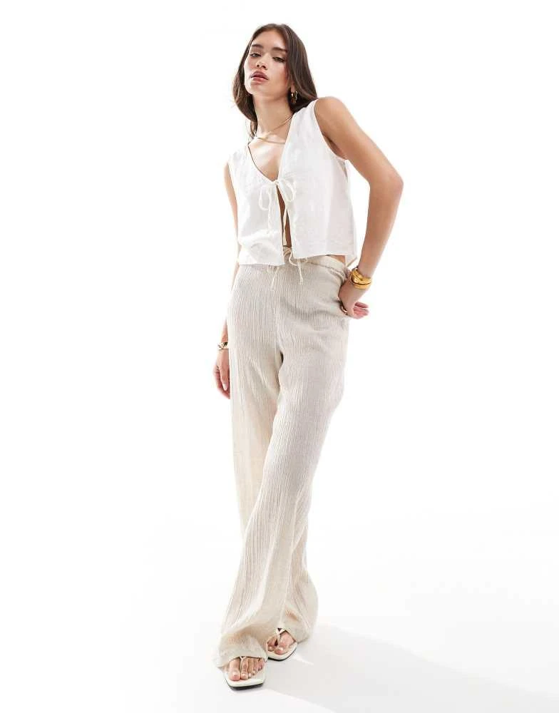 Pimkie Pimkie textured linen blend drawstring wide leg trousers in beige 1