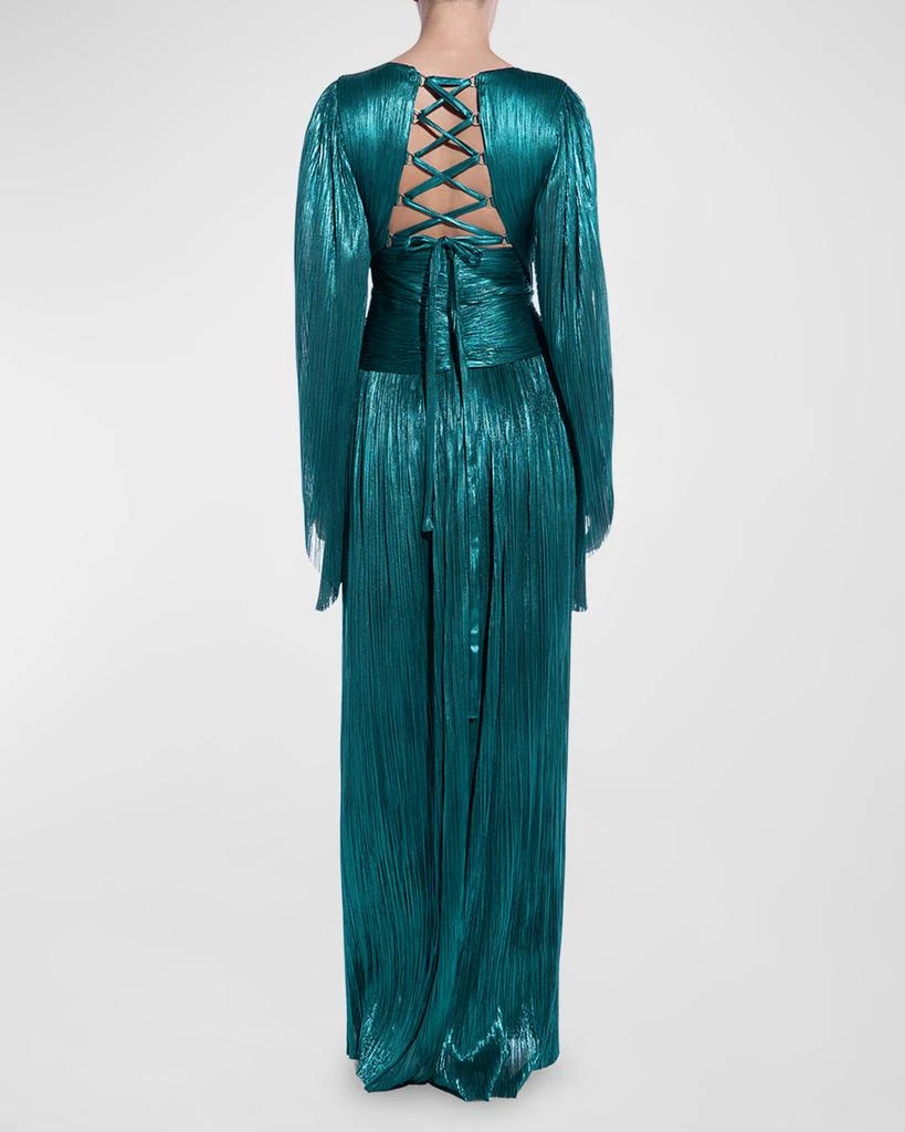 Alana Plunging Long-Sleeve Metallic Plisse Slit Gown  On Sale Now with Up  to 57% Off | Discover Exclusive Deals & Savings at BeyondStyle  Authentic Maria  Lucia Hohan dresses|gowns|women's clothing|Women|women with