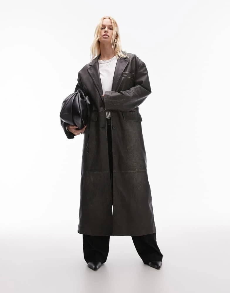 Topshop Topshop premium real leather coat in washed black 1